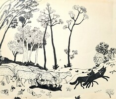Berki Viola: Állatmese (tusrajz) illusztráció a Magyar Nemzet újsághoz - bárányok és farkasok
