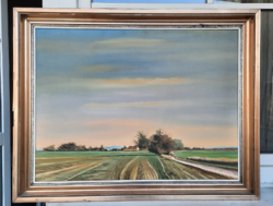 Kornis György: Távoli tanya (olaj-vászon, kerettel, 60x80 cm, szignózott) alföldi tájkép