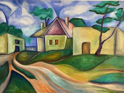 József Szendrei landscape with houses oil canvas painting 88 x 62 cm