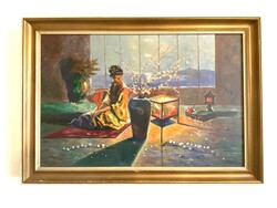 Brejcha-marked Japanese tea salon boudoir oil canvas painting 70 x 46 cm