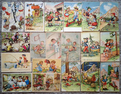 A collection of 20 old cartoon graphic artistic European children's postcards, Italian, Dutch, Belgian