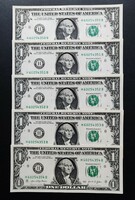 Usa, unc serial number 5 x 1 dollar 2021, 
