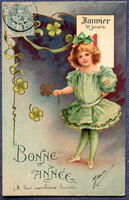 Antique New Year litho postcard - little girl, golden 4-leaf clover, calendar from 1905