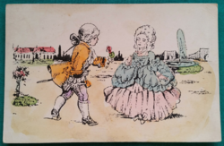 Antique graphic colored postcard, children in baroque clothes, post clean
