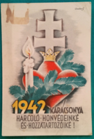 Antik grafikus postatiszta képeslap, szignós - Leventeifjúság Honvédkarácsonya (Légrády S.) 1942