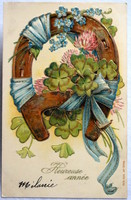 Antique embossed New Year greeting card - 4-leaf clover with lucky horseshoe ribbon from 1905