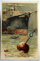 Antik dombornyomott Újévi üdvözlő képeslap - óceánjáró hajó, bója, téli éjszaka 1909ből