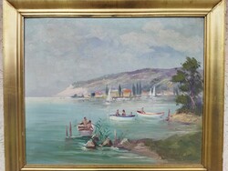 Balaton.Tihanyi kikötő olaj festmény vászon hordozón.