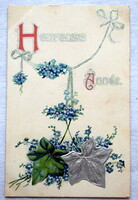 Antik dombornyomott Újévi üdvözlő képeslap - ezüst borostyán , nefelejcs  1908ból