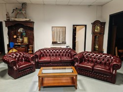 Original, antique burgundy chesterfield leather sofa set 3-2-1