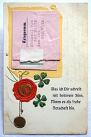 Antique embossed special postcard - seal, lucky horseshoe, 4-leaf clover, telegram