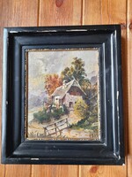 Tájkép, épület, olajkép, festmény, 1919, 26x21 cm