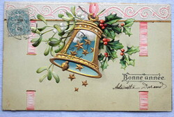 Antik dombornyomott Újévi üdvözlő képeslap - arany harang, magyal, fagyöngy  1906ból