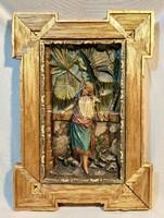 Szecessziós, korabeli, kézzel festett figurális dombormű, fa keretben, 40 x 29 cm