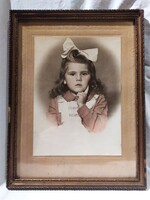 Antik gyerek portré nagy színezett fotográfia keretben