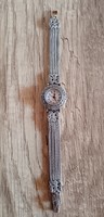 Old silver women's jewelry watch, wristwatch with marcasite decoration