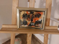 (FBL4) Szép kis festmény cica, madárka 23x18 cm kerettel.