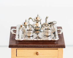 Vintage babaházi teáskészlet / kávés szett tálcával ezüst színben - babaházi kiegészítők, konyha