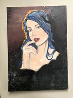 Beautiful face girl with blue hair modern portrait canvas painting 50 x 70 cm