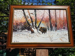 Wild boar with pheasants in winter. Oil, wood 35x55 cm, painting, landscape, golden-brown wooden picture frame. Tpapp