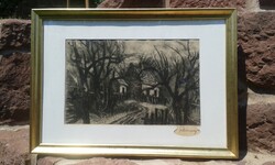 Remsey Rézkarc 31x45 cm. Modern képkeret Falusi tájkép