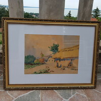 Neogrády Antal: Falusi pillanatkép, akvarell 28x38 cm, tájkép, aranyos képkeretben