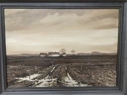 Imre Puskás: farm with flowers, oil, wood fiber 50x70 cm