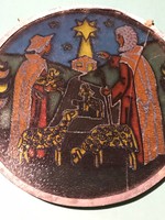 Enamel-painted glass icon. Round shape. Beautiful nativity scene, colorful. Slightly damaged due to a hairline crack.