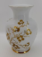 Hollóházi virágos váza, arany, kézifestésű, 17 cm