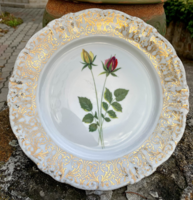 Régi Bavaria rózsa mintás arany festett porcelán tányér, rózsás dísztál, festett kínáló, asztalközép