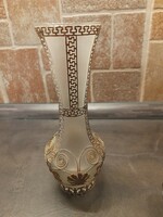 Milk glass vase decorated with metal flowers and Greek pattern