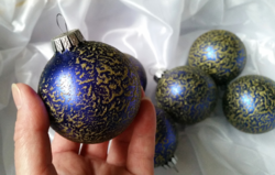 Régi karácsonyi kék színű üveg gömbök arany csillámmal , karácsonyfadíszek átmérője  6cm