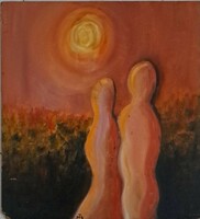 Hungarian painter: sungazers. Oil on wood, size 48x43 cm.