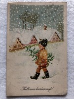 Régi rajzos Karácsonyi képeslap - Boór Vera rajz                          -5.