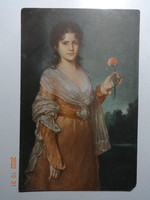 Régi postatiszta festmény képeslap -  Rudolf Wimmer: Hölgy szegfűvel