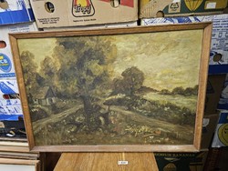 Village landscape oil painting on wood fiber board 69x47.5 cm