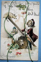 Antique rare violinist Richard Geiger New Year greeting card - pig, slide, little girl 4-leaf clover