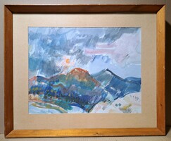 Gulyás Dénes: Alkony, 1973 (képcsarnokos festmény) akvarell hegyi tájkép