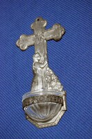 Antique embossed plate wall holy water holder with credo inscription with glass container 15.5 x 6 x 3.3 cm