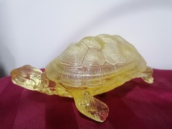 Ritka! Nagyméretű sárga üveg teknős, bonbonier, vitrin dísz