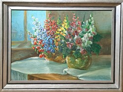 Virágcsendélet, 1959 (olajfestmény ezüst keretben) Vajda jelzéssel - ablakban