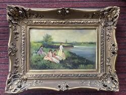 Nyilasy Sándornak tulajdonítható olaj festmény--Lányok a folyóparton.