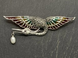 Hatalmas meseszép  ezüst jugendstil bross madár markazittal, ezüst /925/ --új