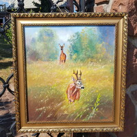 Deer in the forest clearing. Oil, wood 49.5x54 cm, painting, landscape, cute picture frame. Tppp