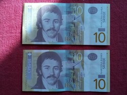 10 szerb  dinár  duo papír pénz  bankjegy gyönyörű állapotuk egymást követő sorszám