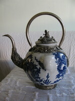 Chinese porcelain pourer with metal filigree decorations (animal figure on top)