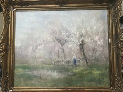 Kézdi Kovács Elemér : Virágzó fák között  olaj, vászon csodaszép pasztell színekkel