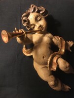 Xviii.Sz.I. Trumpeting angel carved from linden wood!!! With real gold!!!!! 32X22 cm