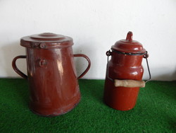 2 brown enamel tin pourers for sale together, height 20 - 23 cm.