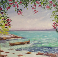 Antyipina Galina: Csónak az öbölben, olajfestmény, vászon, festőkés. 40x40cm